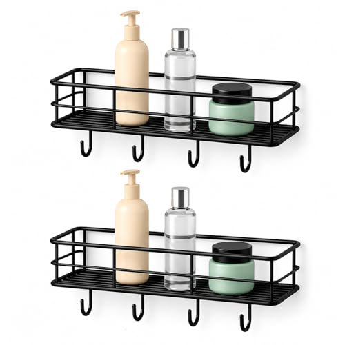 DALUCI Set of 2 Metal Bathroom Corner Shelf Rack | No Drilling Self Adhesive Wall Mounted Storage Organizer for Bathroom & Kitchen | Rustproof Bathroom Shelves (8 & 9 INCH, Black) - Bathroom Shelf With Hook - Black / 2 Pcs