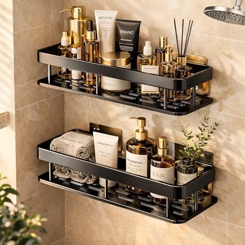 DALUCI Set of 2 Metal Bathroom Corner Shelf Rack | No Drilling Self Adhesive Wall Mounted Storage Organizer for Bathroom & Kitchen | Rustproof Bathroom Shelves (8 & 9 INCH, Black) - Bathroom Shelf - Black / 2 Pcs