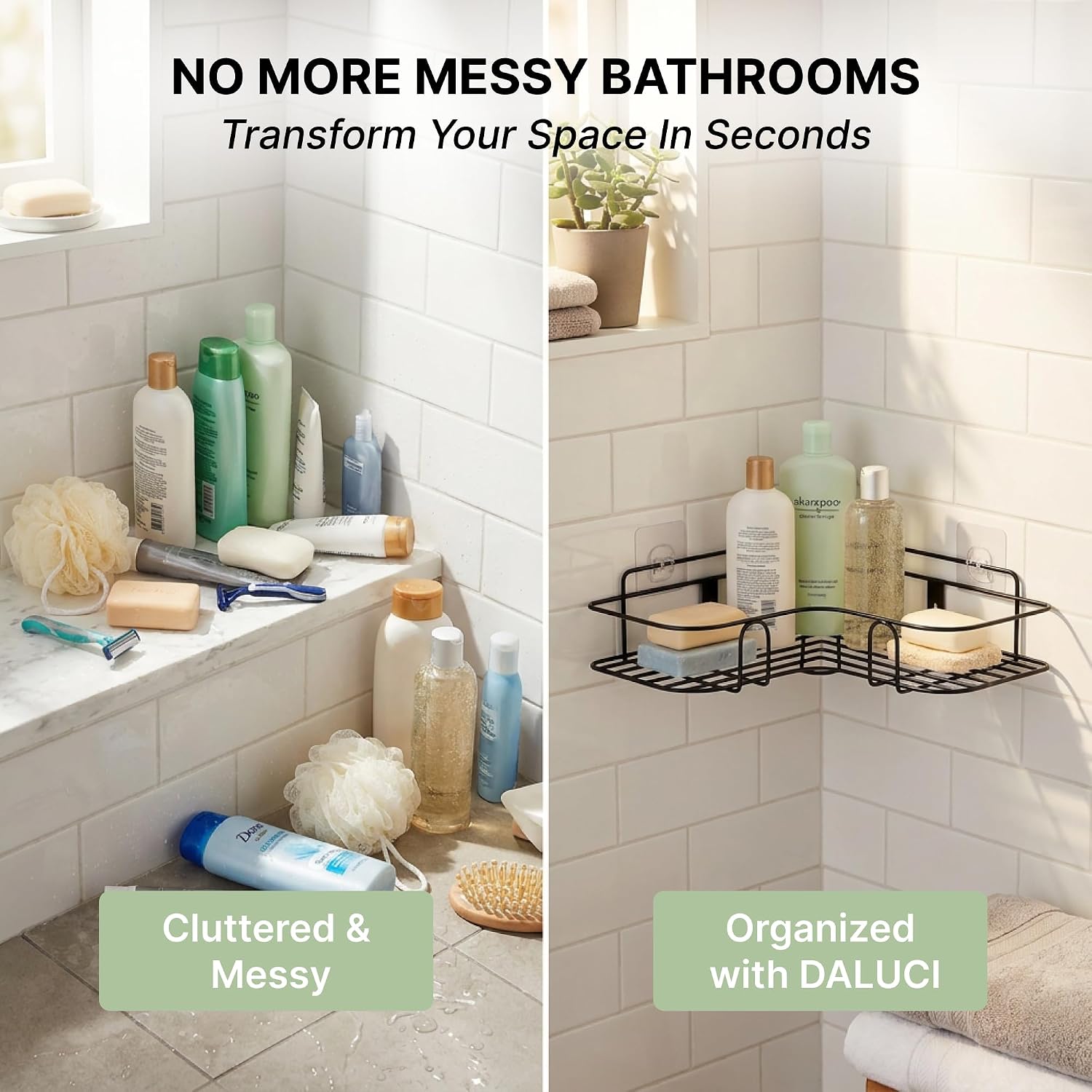 DALUCI Set of 2 Metal Bathroom Corner Shelf Rack | No Drilling Self Adhesive Wall Mounted Storage Organizer for Bathroom & Kitchen | Rustproof Bathroom Shelves (8 & 9 INCH, Black)