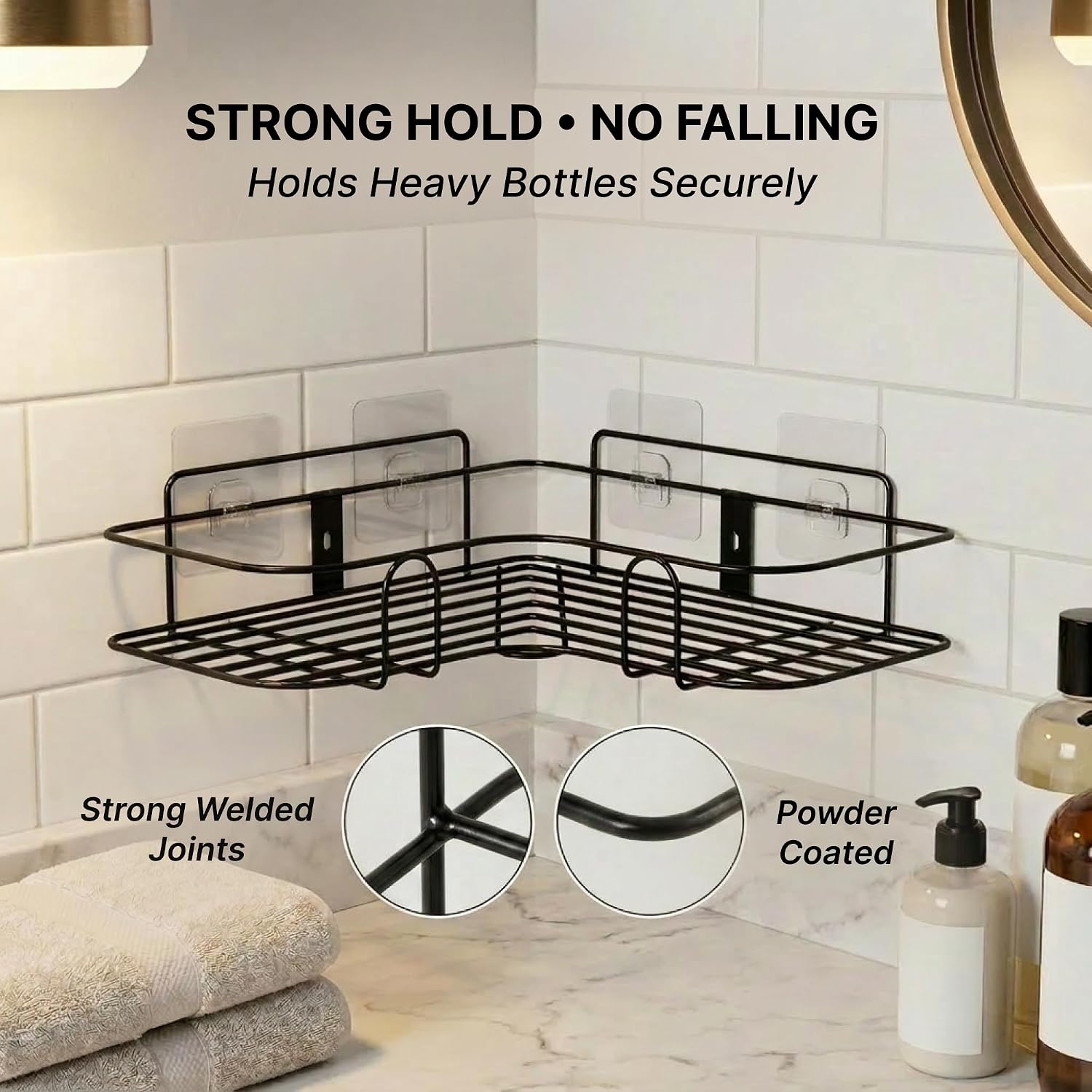 DALUCI Set of 2 Metal Bathroom Corner Shelf Rack | No Drilling Self Adhesive Wall Mounted Storage Organizer for Bathroom & Kitchen | Rustproof Bathroom Shelves (8 & 9 INCH, Black)